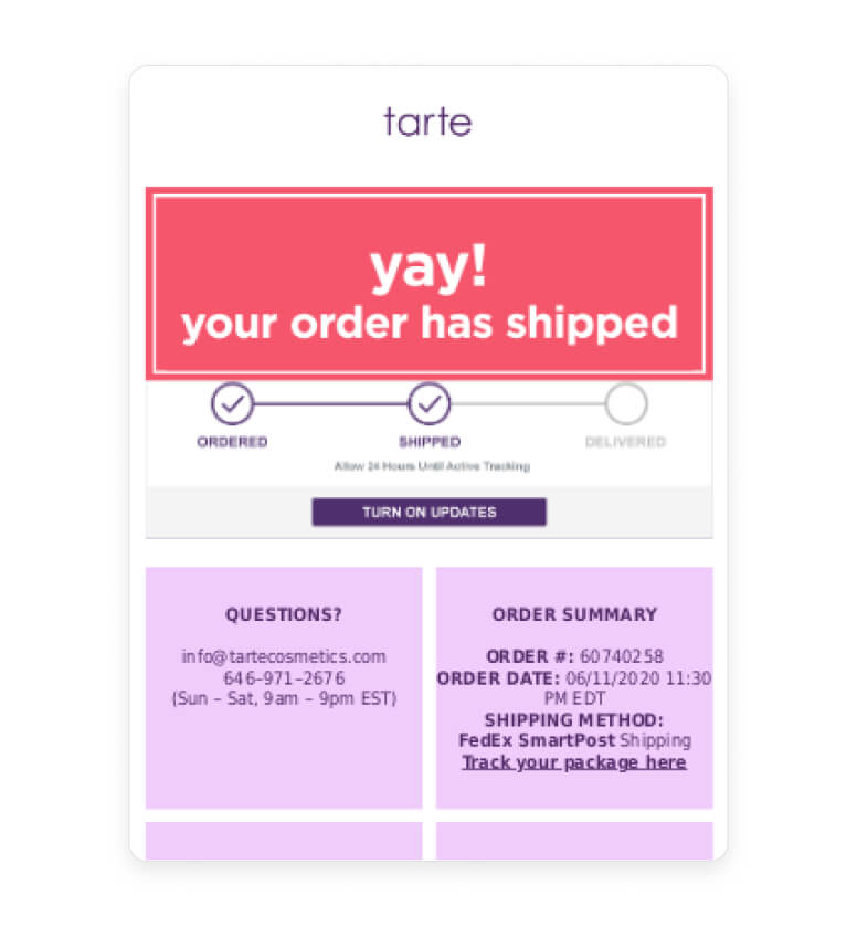 Example of shipping email update
